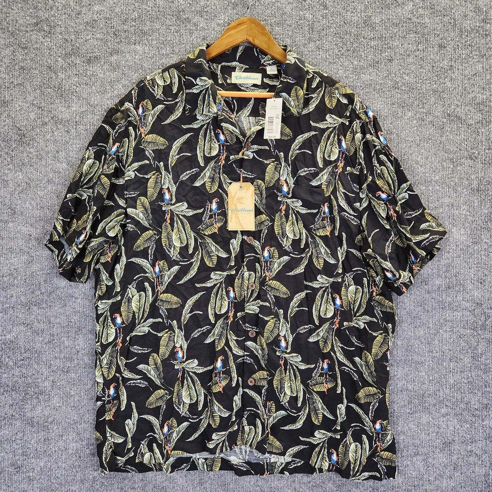 Caribbean Roundtree & Yorke Shirt Mens XL Black Parrot Hawaiian Rayon Print